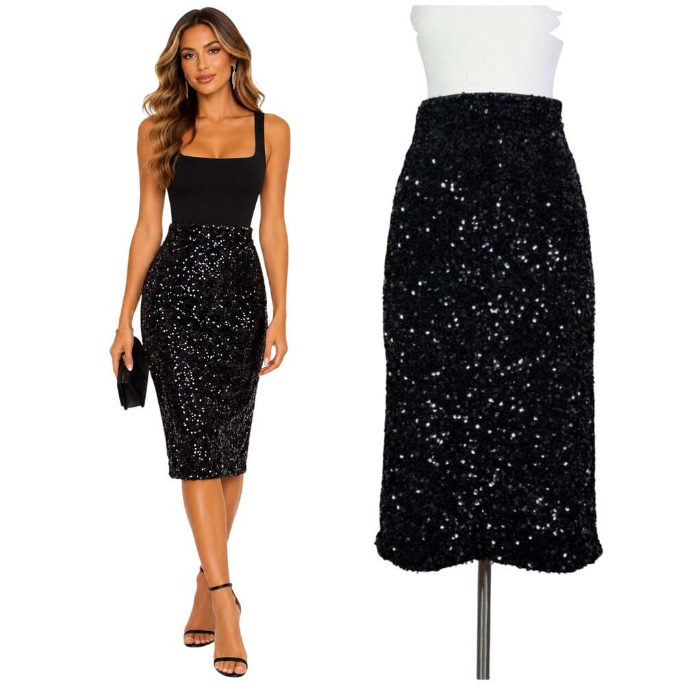 Calvin Klein | Black Sequin Embellished Cocktail Knee Length Pencil Skirt M